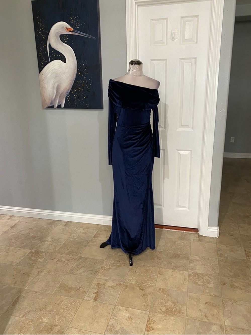 New Women Large Navy Blue Velvet Off Shoulder Longsleeve Formal Maxi Dress